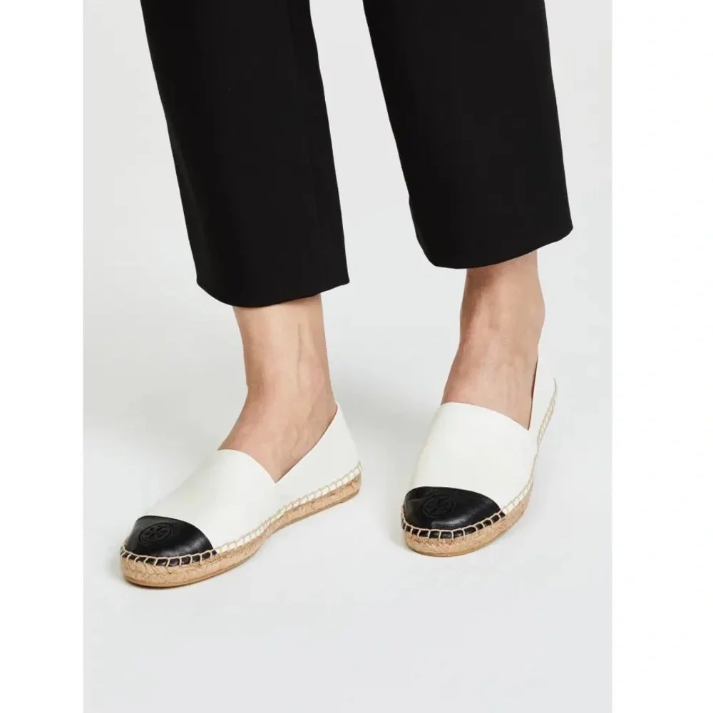 Tory Burch White Leather Espadrilles with Black Toe Cap